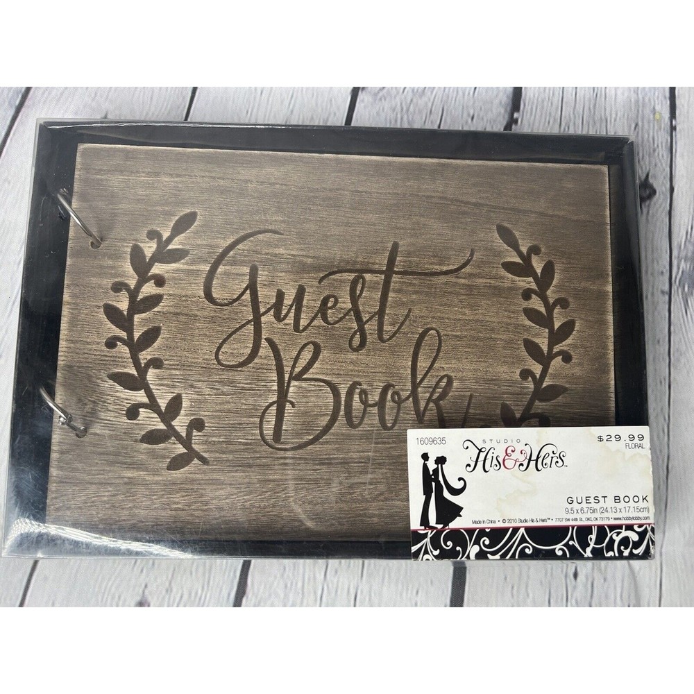 Studio His & Hers Wedding Guest Book w/Rustic Wooden Design (9.5 x 6.75 in) NEW